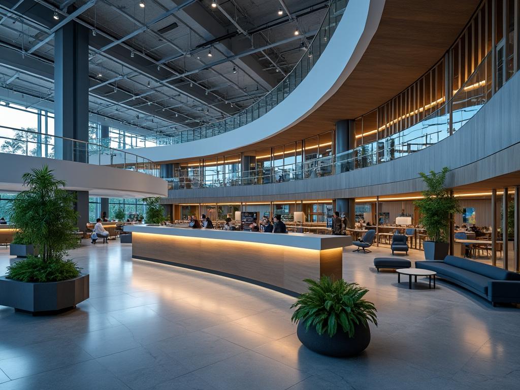 Interior moderno de oficina con diseño curvo, techo alto, iluminación cálida y plantas decorativas.