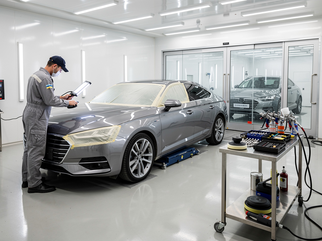 Técnico inspecciona un sedán gris en taller de detallado automotriz con herramientas de pulido y cabina de pintura