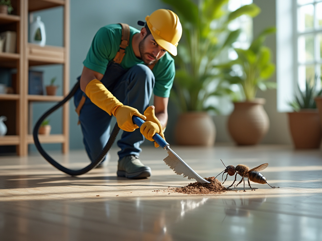 Hombre con casco y guantes usa herramienta para controlar hormigas en casa.