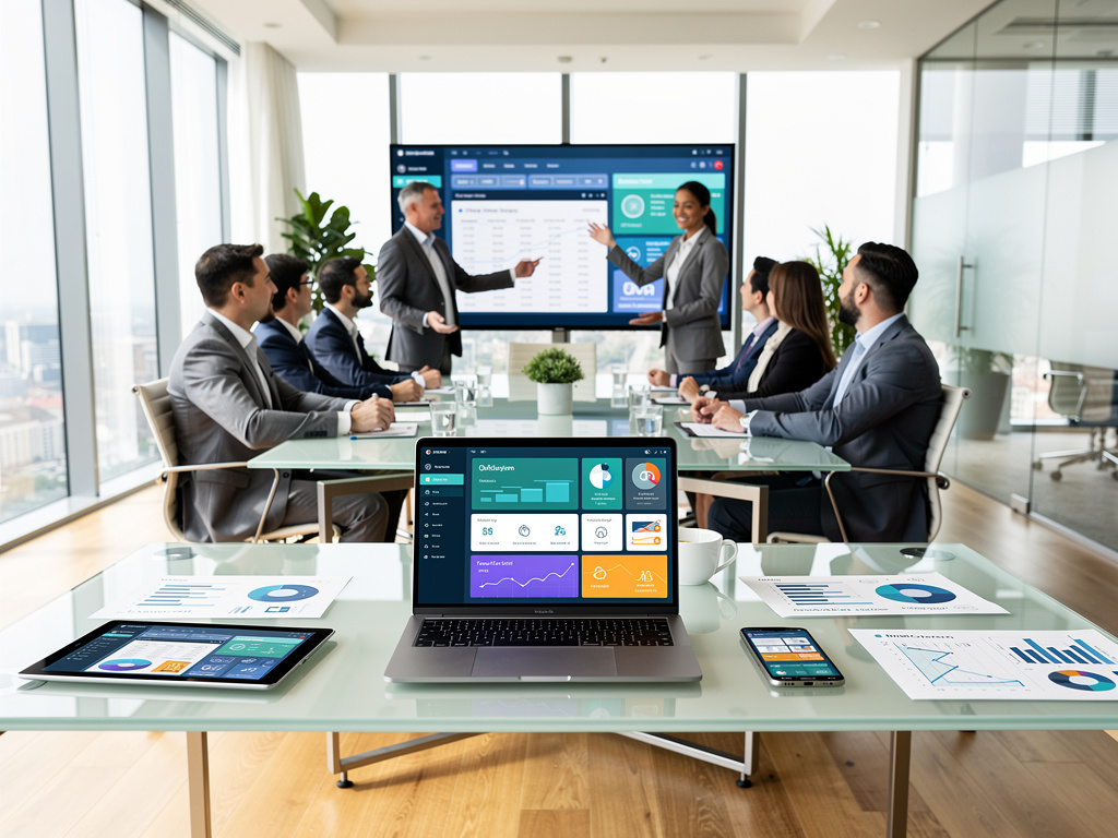 Business team meeting in modern office with digital analytics dashboards on laptop, tablet, smartphone, and presentation screen
