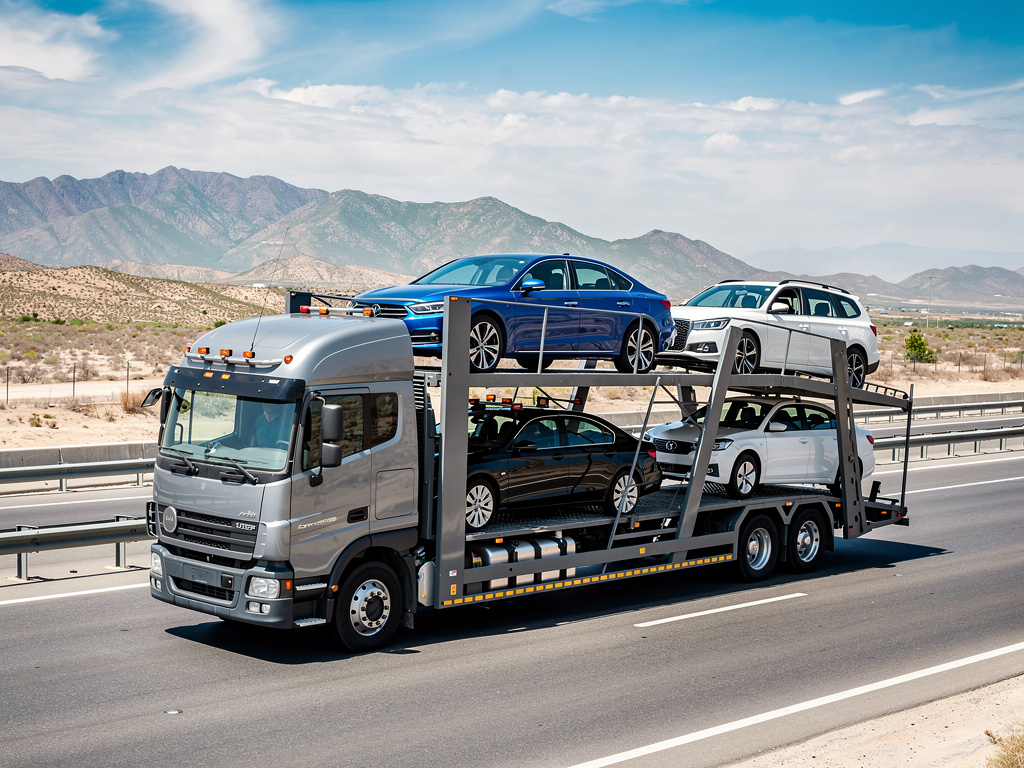 Camión portacoches transportando varios autos en carretera desértica con montañas al fondo
