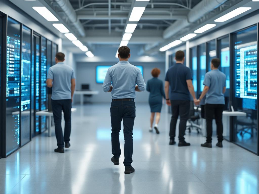 Personas caminando en un centro de datos moderno con servidores iluminados a los lados. Personas caminando en un centro de datos moderno con servidores iluminados a los lados.