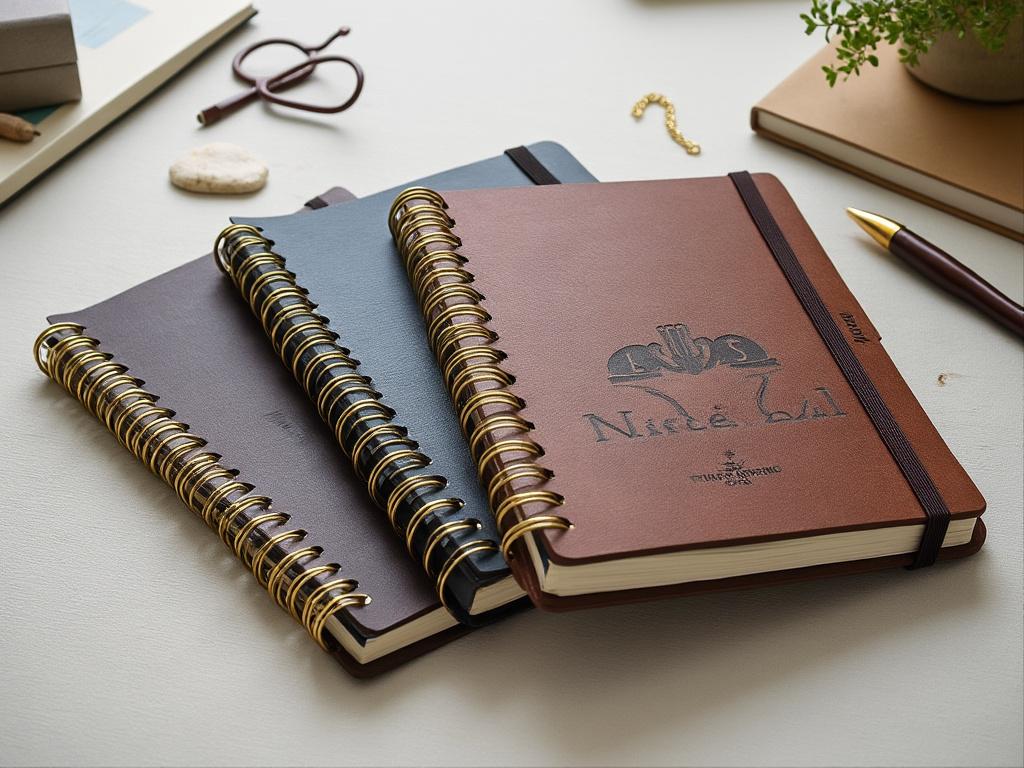 Tres cuadernos de anillas con cubiertas de cuero marrón y azul oscuro, acompañados de un bolígrafo dorado sobre un escritorio blanco.
