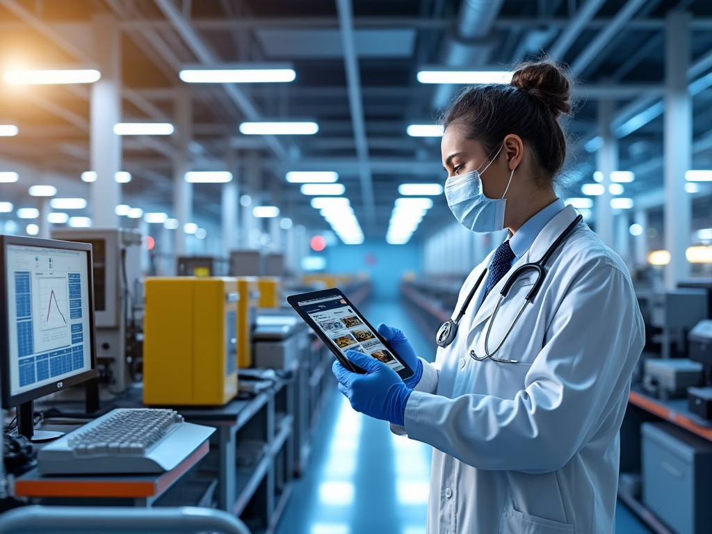 Doctora con mascarilla y estetoscopio revisando datos en una tablet en un laboratorio moderno iluminado.