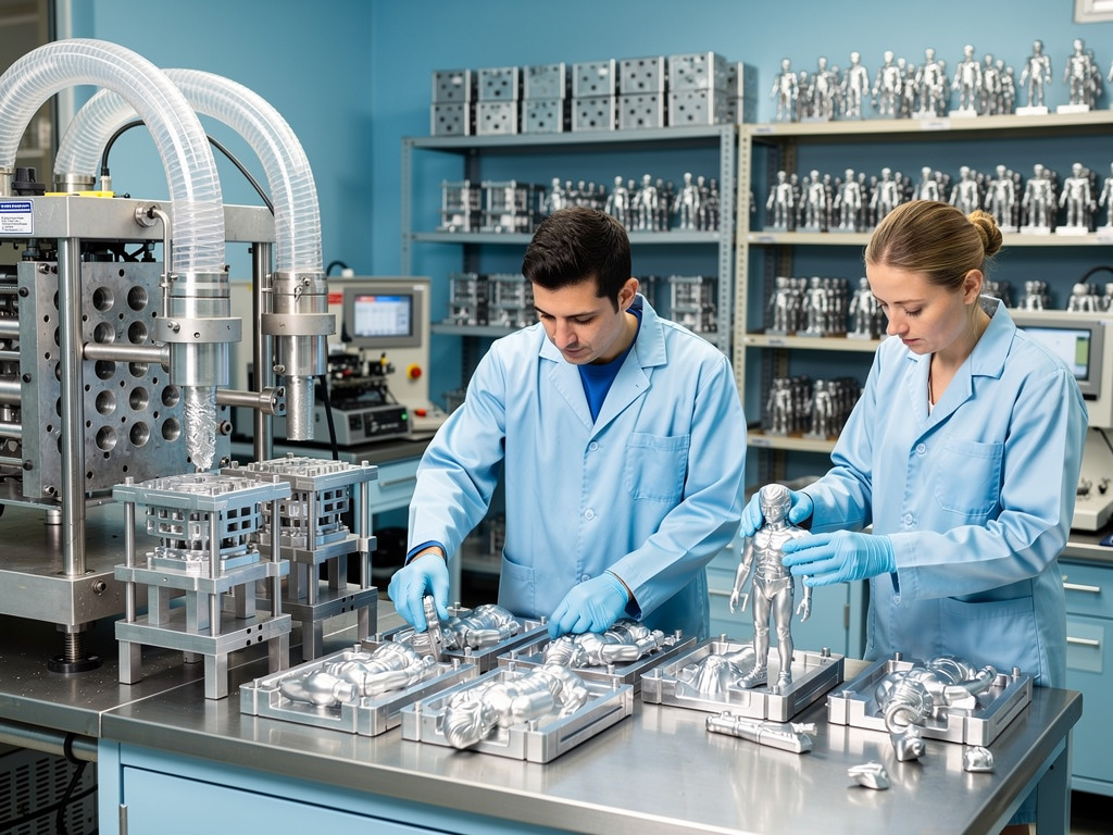 Técnicos de laboratorio fabricando figuras metálicas con moldes y maquinaria industrial