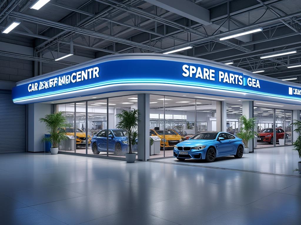 Taller de automóviles con fachada iluminada, exhibiendo un coche azul y repuestos en el interior.