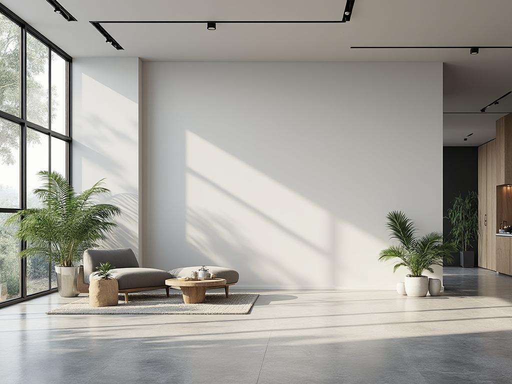 Minimalist living room with large windows, light gray sofa, wooden coffee table, and potted plants, flooded with natural light.