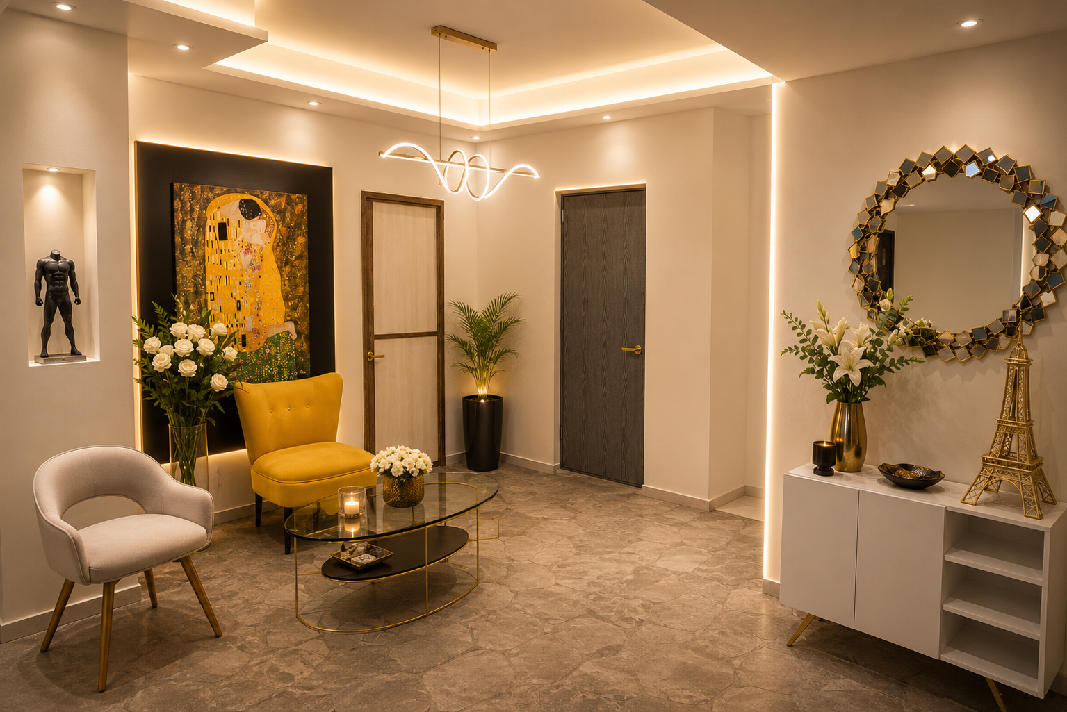 Recepción moderna de clínica médica con mostrador, plantas, iluminación LED y letrero my clinic