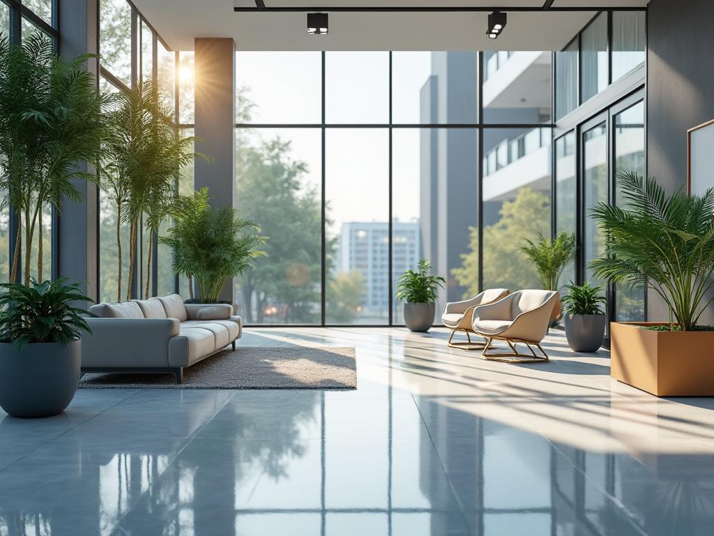 Interior moderno con sofás, sillas y plantas, grandes ventanales y luz natural.