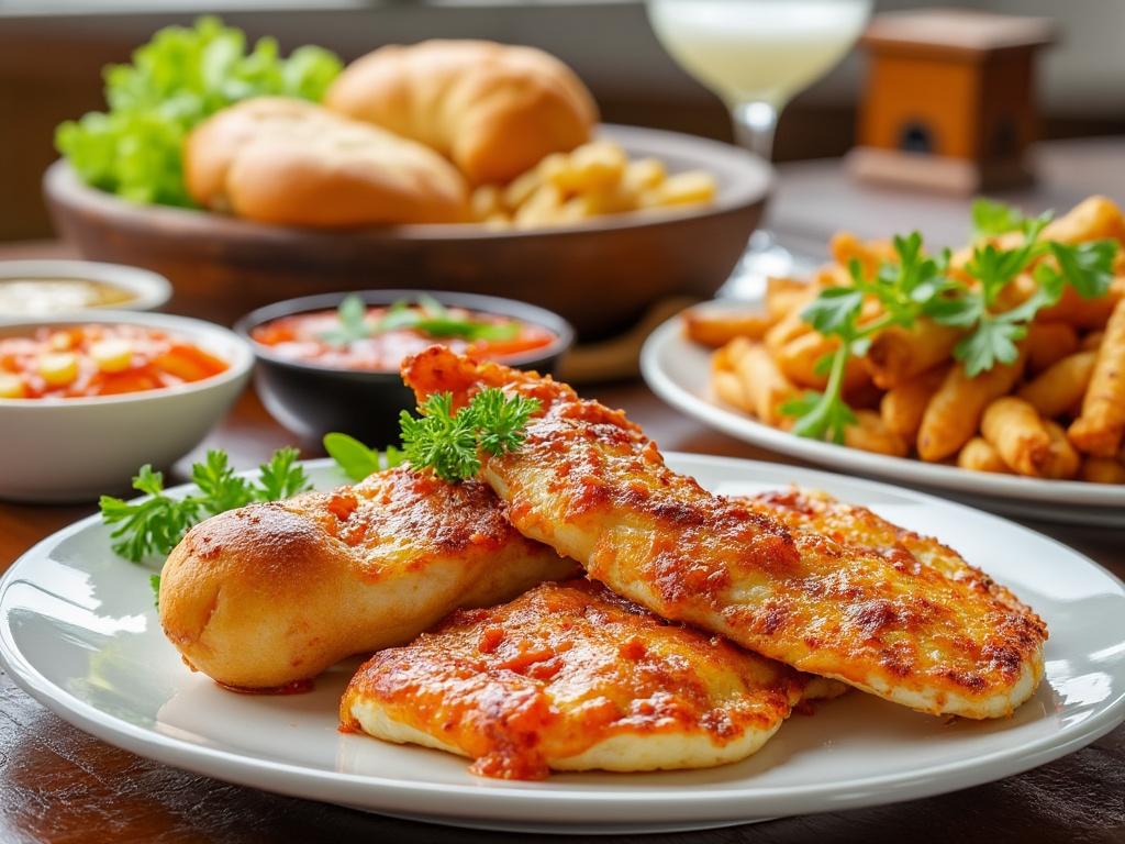 Plato de pan y salsa con ensaladas y papas fritas de fondo en una mesa.