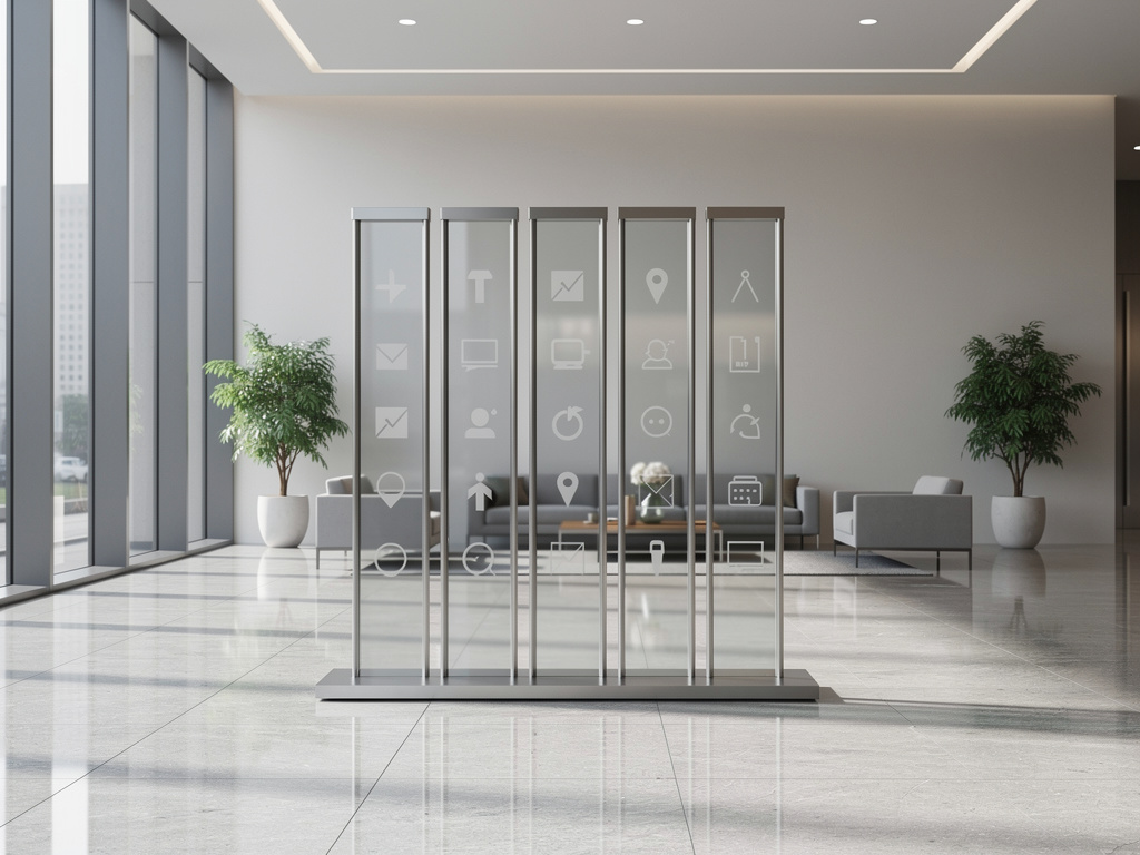 Paneles de vidrio con iconos digitales en lobby moderno de oficina con ventanales y plantas