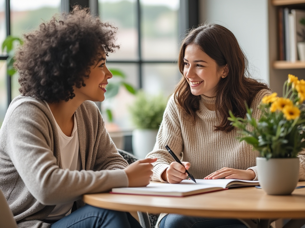 Dos mujeres jóvenes sonríen y conversan mientras estudian en una cafetería iluminada por el sol.