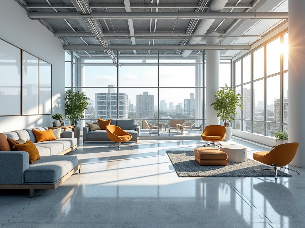 Oficina moderna y luminosa con grandes ventanales, vista urbana, sofás grises, sillas naranjas y plantas decorativas