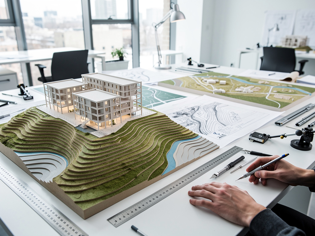 Maqueta arquitectónica de edificio moderno sobre terreno con curvas de nivel en estudio de diseño, con planos, reglas y herramientas de dibujo