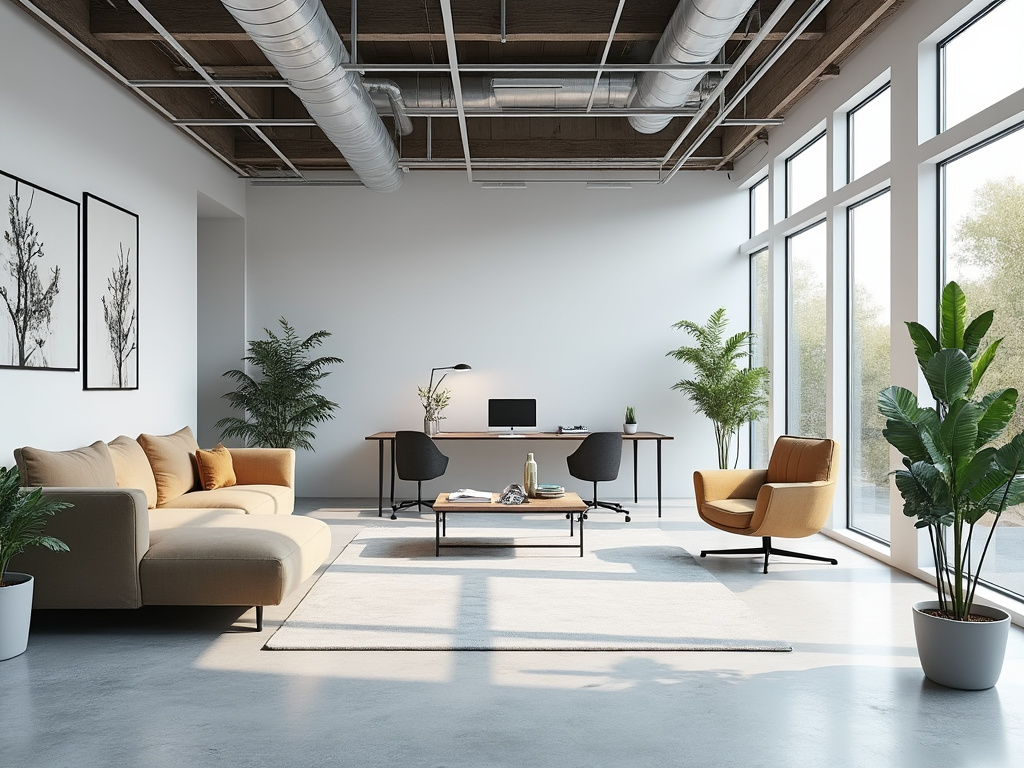 Moderna oficina en casa con sofá beige, mesa de trabajo, sillas, plantas y grandes ventanales que brindan luz natural.