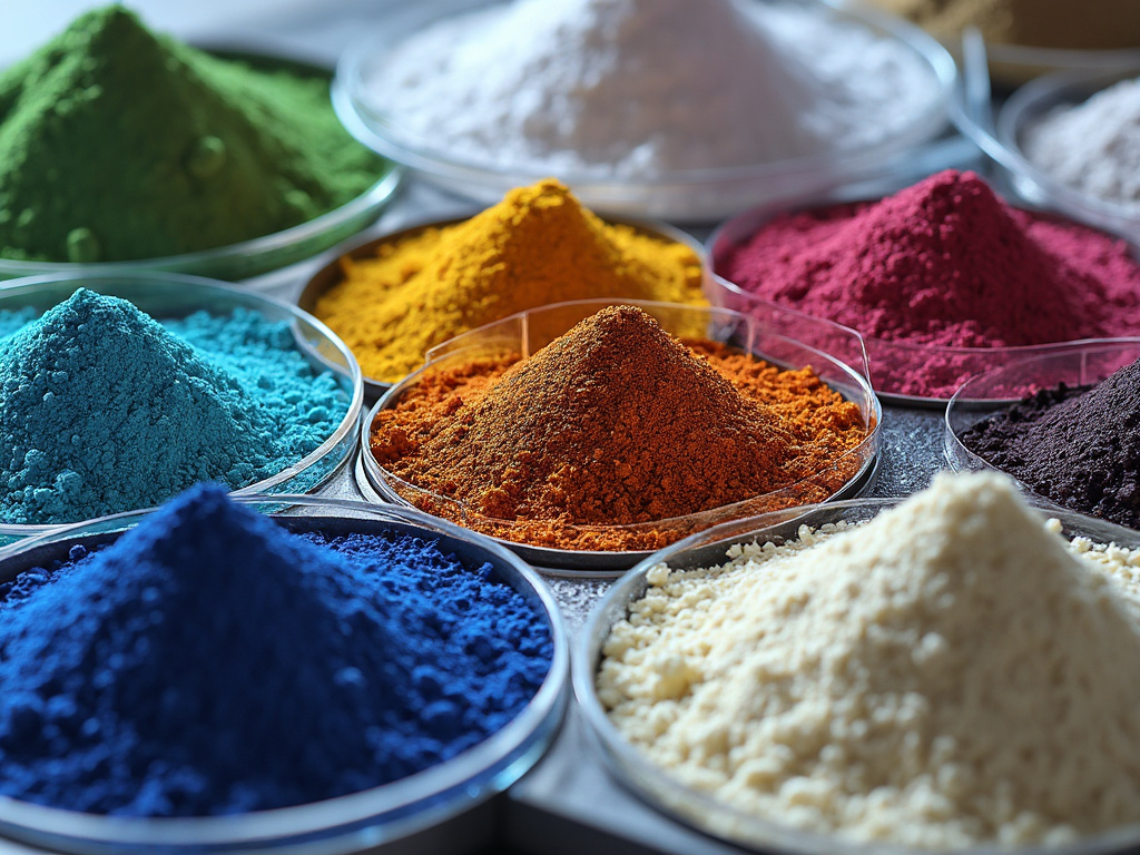 Varios montones de pigmentos en polvo de colores vivos en recipientes de laboratorio. Varios montones de pigmentos en polvo de colores vivos en recipientes de laboratorio.