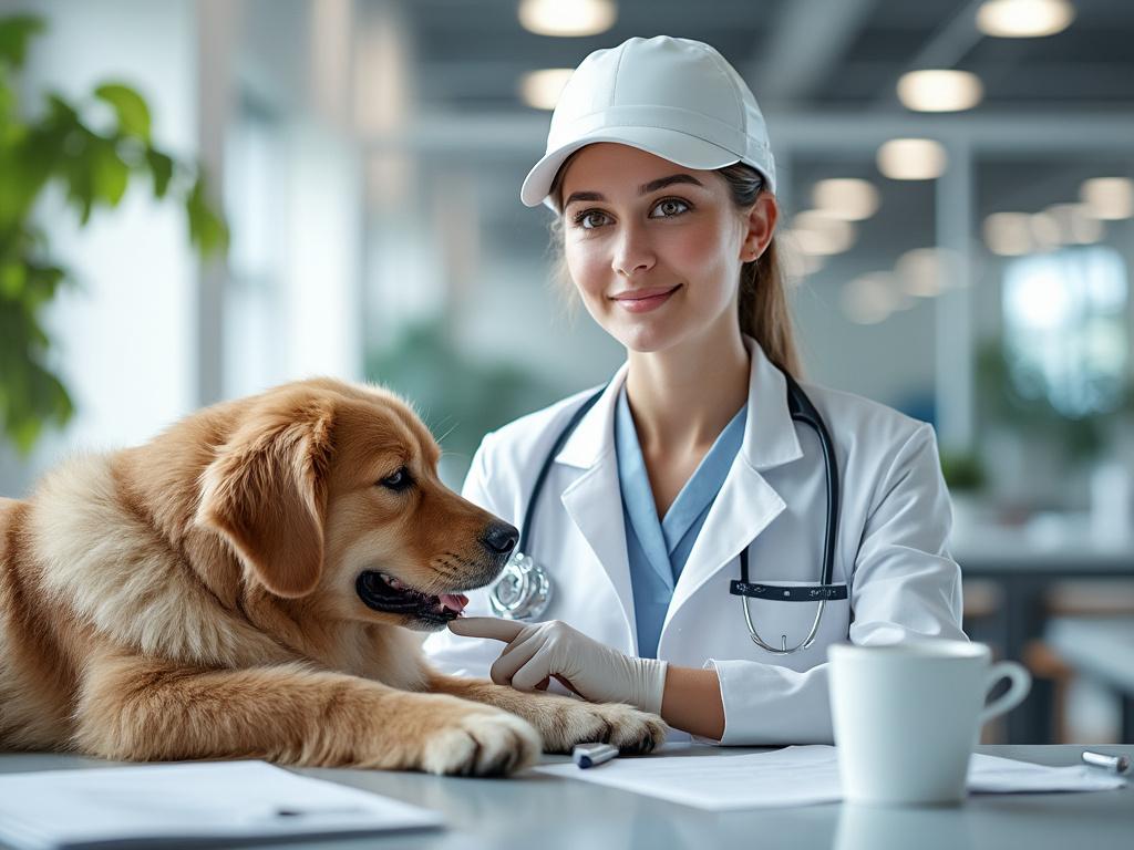 Veterinaria sonriente con bata blanca acariciando un perro en una clínica.
