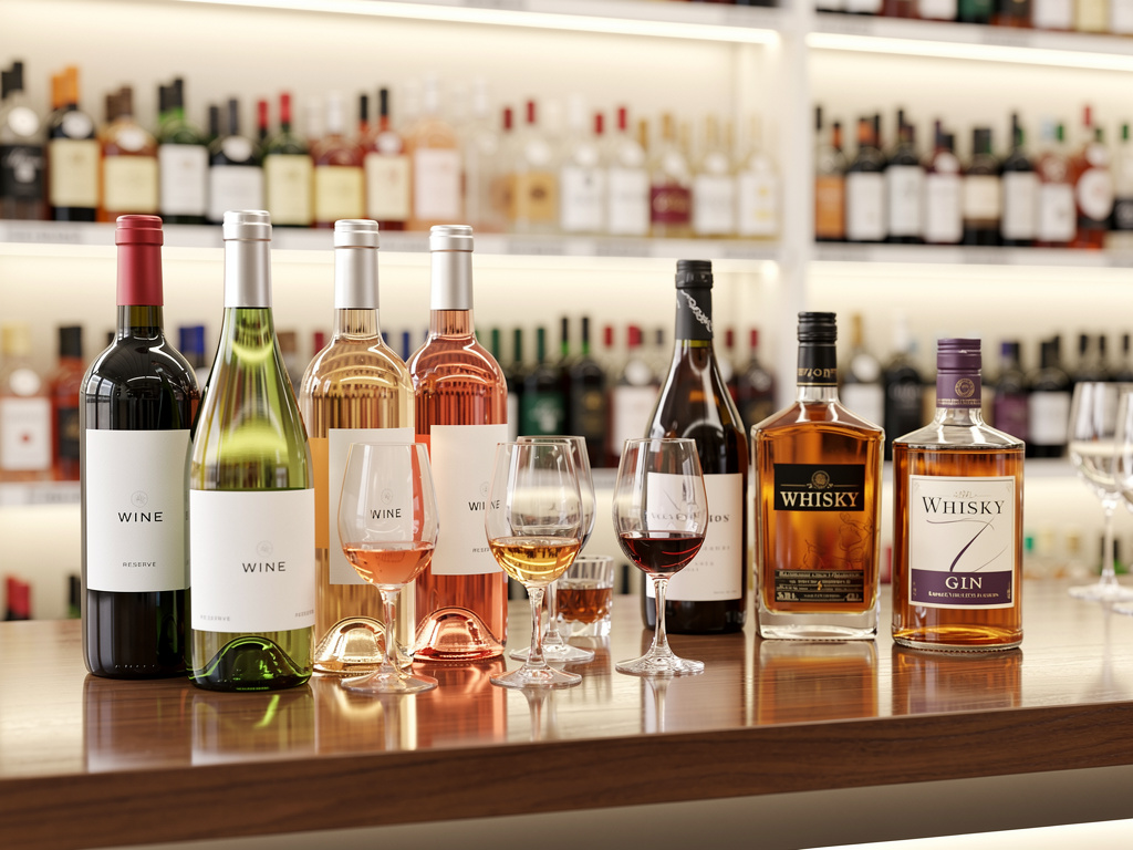 Botellas de vino, whisky y ginebra con copas en una barra de licorería iluminada