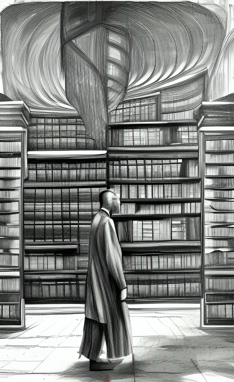 A slender Librarian with indistinct features walks past a tall stack of books.