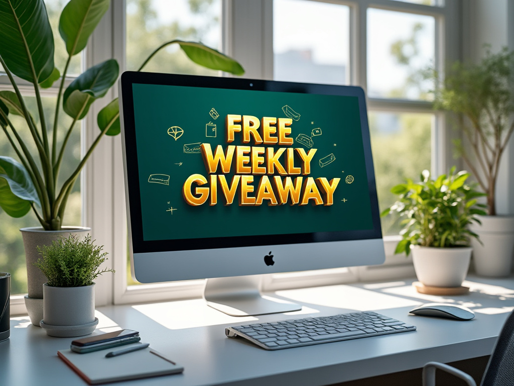 Desktop computer on a white desk displaying 'Free Weekly Giveaway' on the screen, surrounded by indoor plants with a bright window view.