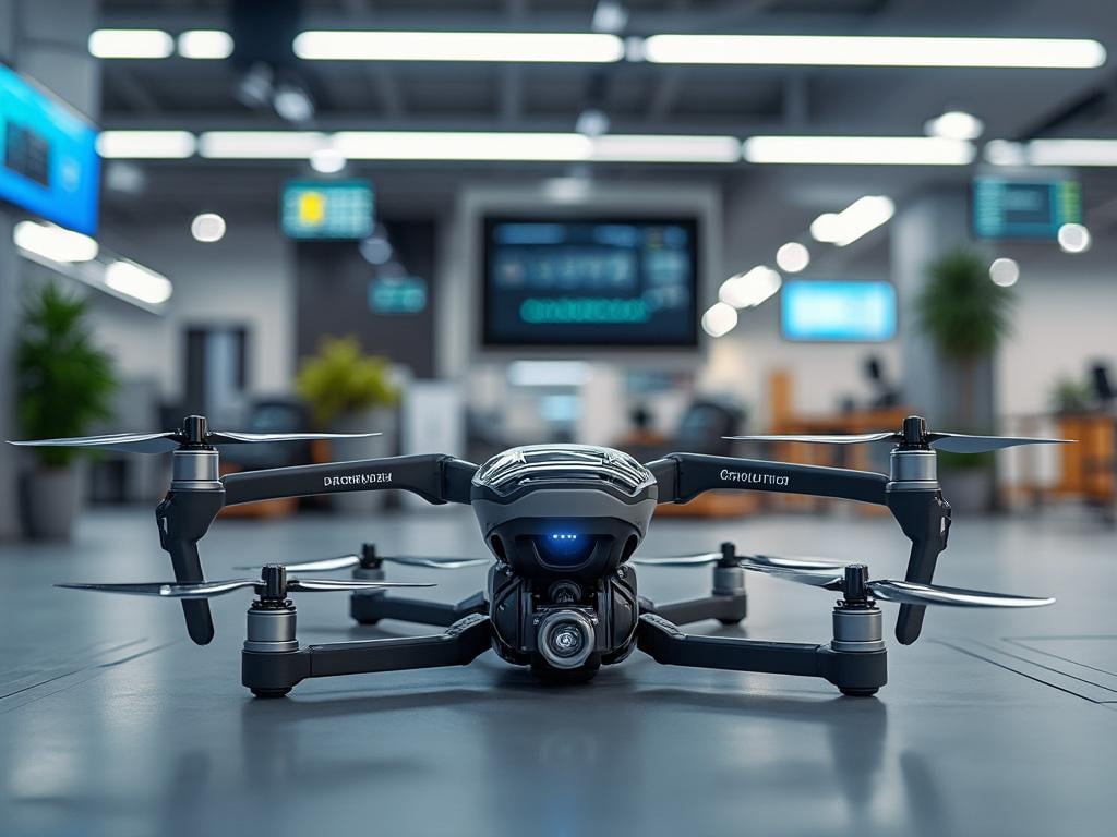 Drone avanzado estacionado en un interior moderno con fondo desenfocado