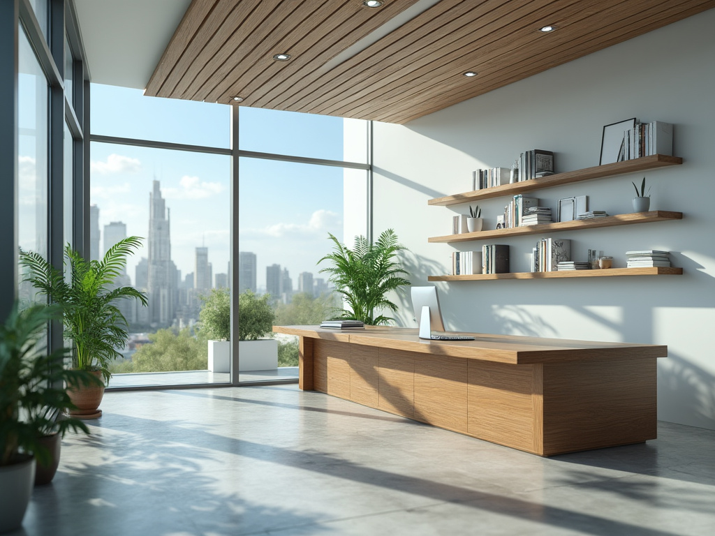 Oficina moderna con escritorio de madera, estanterías flotantes, plantas y gran ventana con vista a la ciudad.