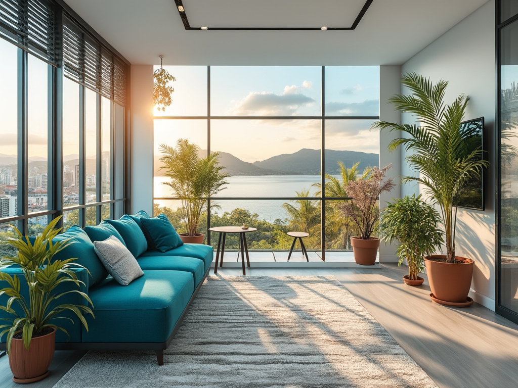 Sala de estar moderna con sofá azul, plantas en macetas y grandes ventanas con vista al mar y montañas al atardecer.