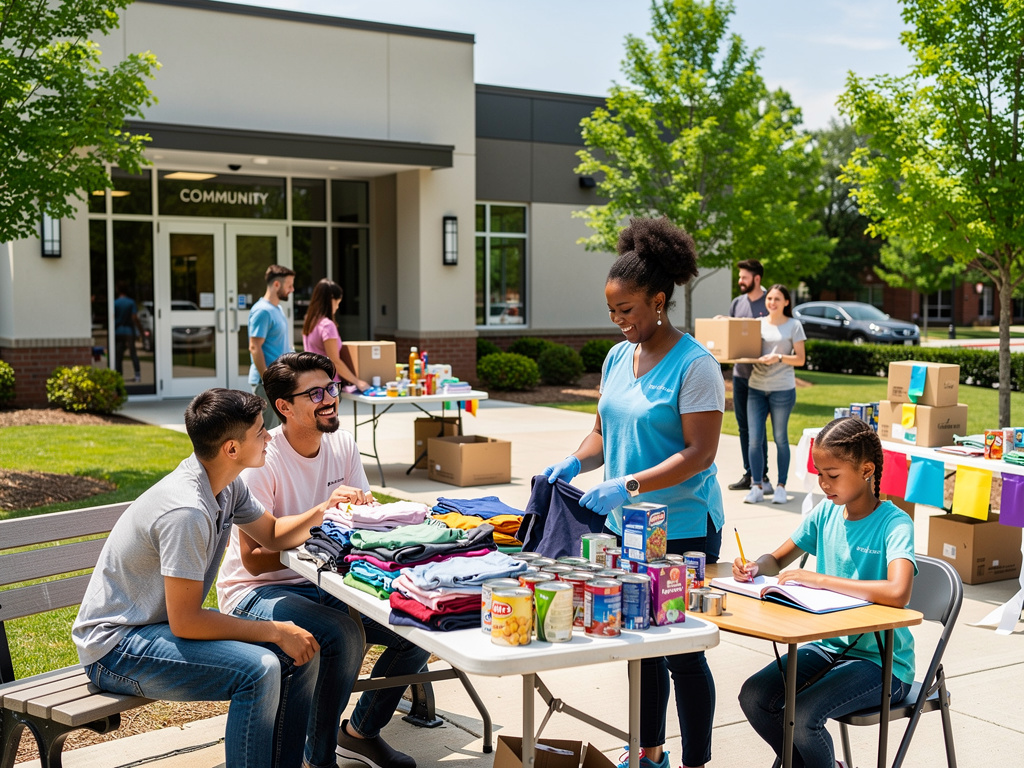 Volunteers organizing clothes and canned food donations at a community center charity drive