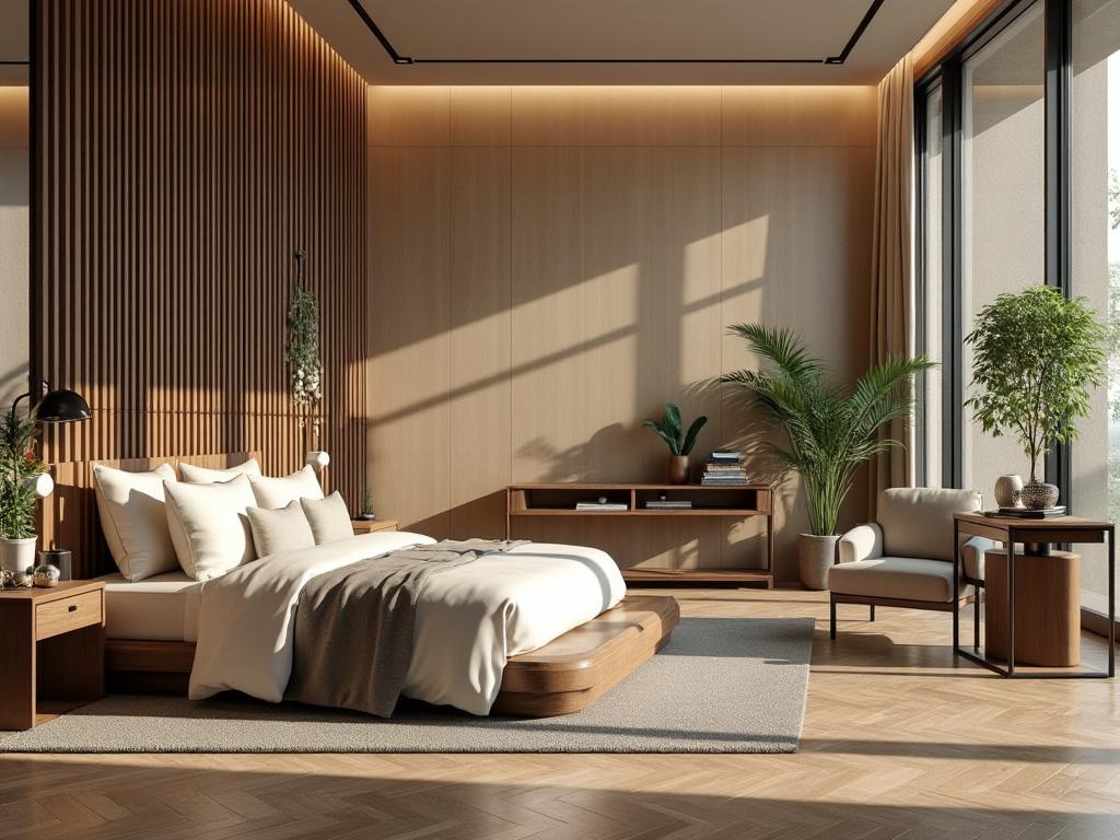 Habitación moderna con cama de dosel, muebles de madera clara, y plantas decorativas junto a una gran ventana con cortinas.