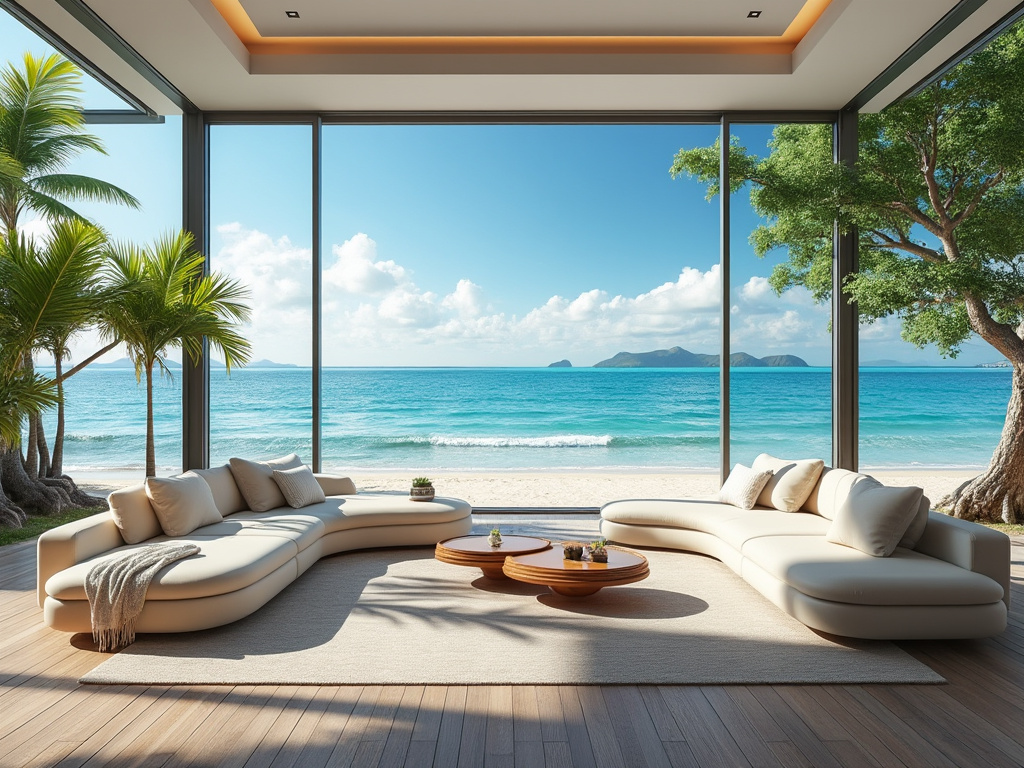Sala moderna con vista al mar, sofás blancos, mesas de centro y grandes ventanales, palmeras afuera.
