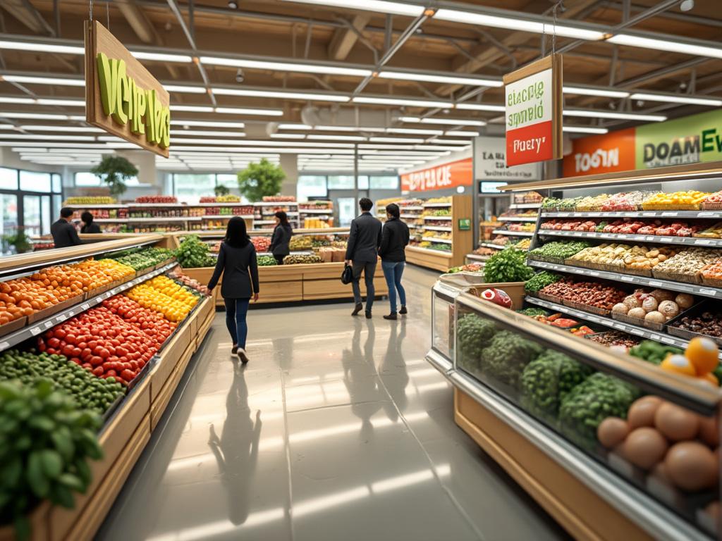 Interior de un supermercado con pasillo de frutas y verduras frescas y personas comprando.
