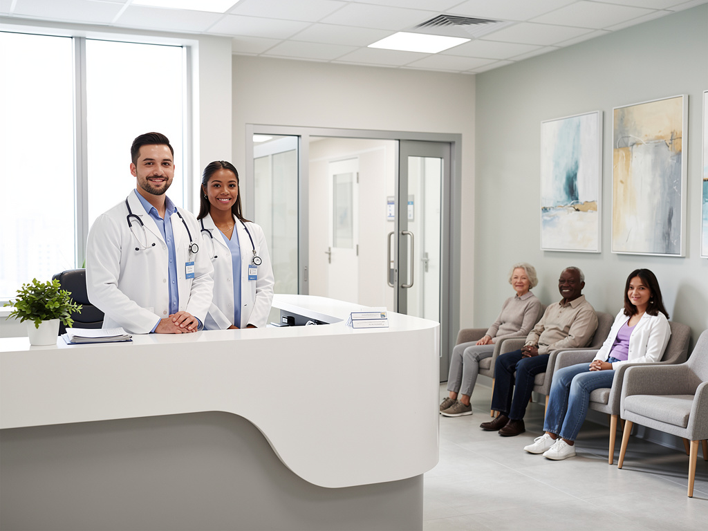 Médicos en recepción de clínica moderna con pacientes esperando en sala de espera