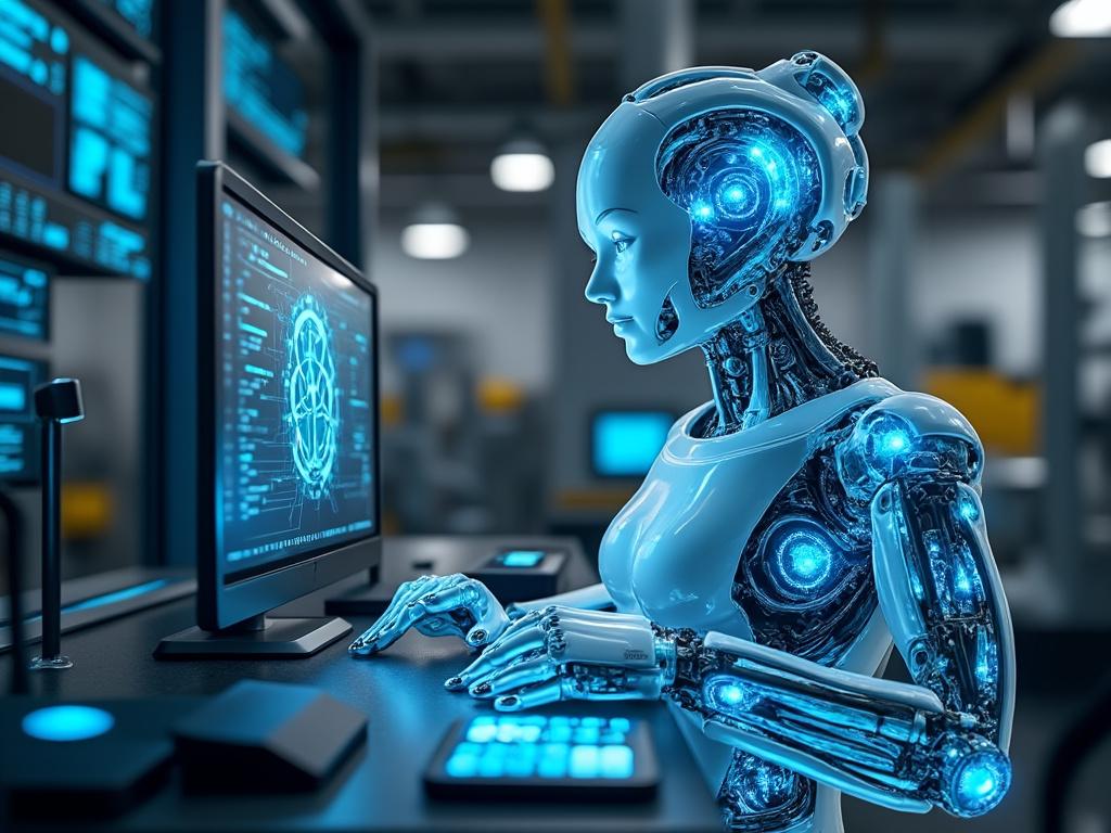 Robot humanoide de alta tecnología trabajando en un computador en un laboratorio futurista.