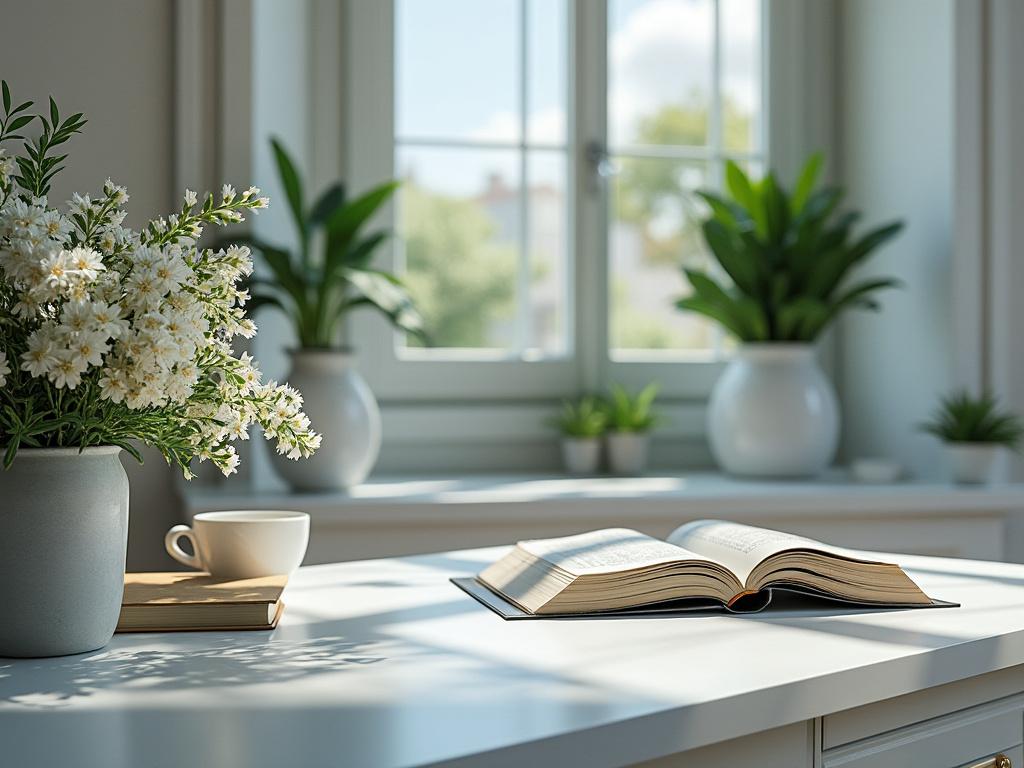 Mesa con libro abierto, taza de café y ramo de flores blancas junto a ventana con luz natural y plantas en macetas.