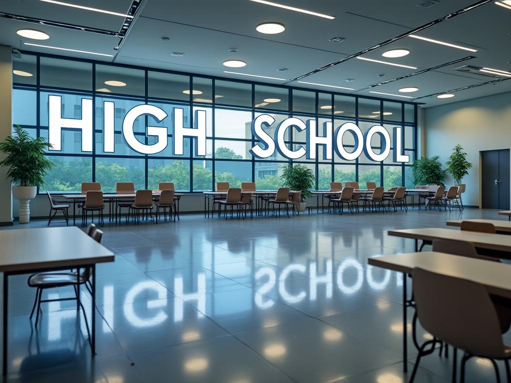 Sala de estudio moderna en escuela secundaria con mesas, sillas y grandes ventanales mostrando letras 'HIGH SCHOOL' iluminadas junto a plantas decorativas.