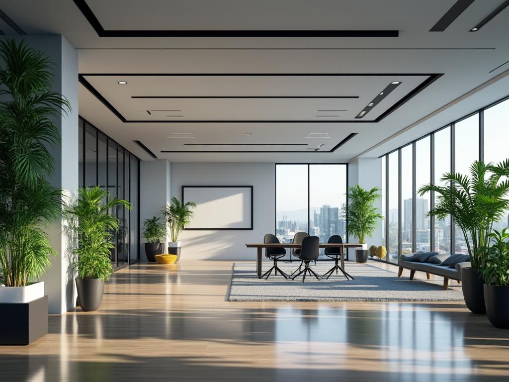 Oficina moderna con ventanas panorámicas, plantas decorativas y mesa de reuniones.
