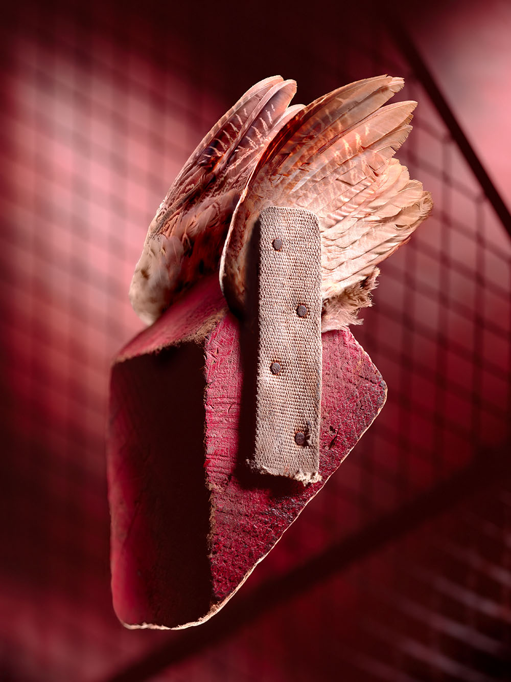 A surrealistic photomontage depicting a wooden wheel chock with wings.