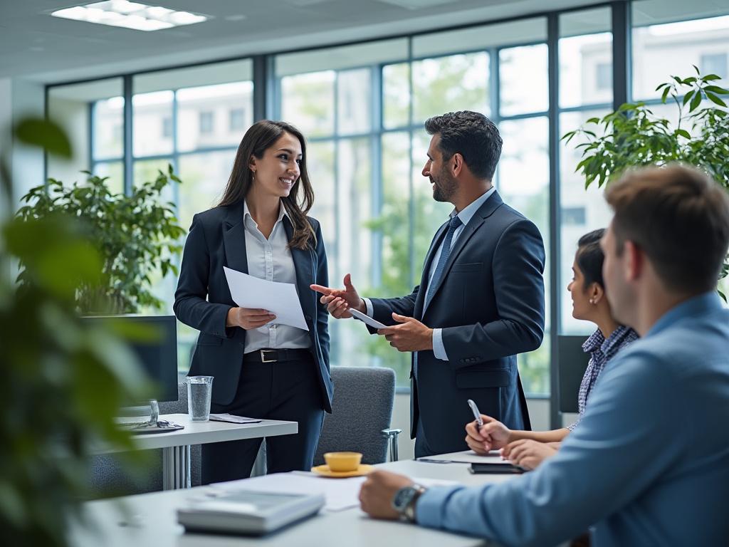 Dos profesionales de negocios hablando en una oficina moderna con otras dos personas sentadas observando.