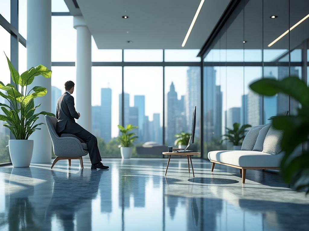 Businessman in modern office with city skyline view, stylish furniture, and indoor plants.