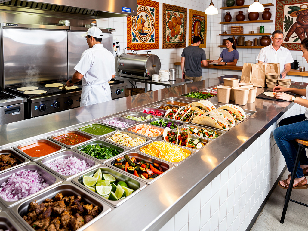 Taquería moderna con barra de ingredientes frescos, tacos preparados y cocinero haciendo tortillas