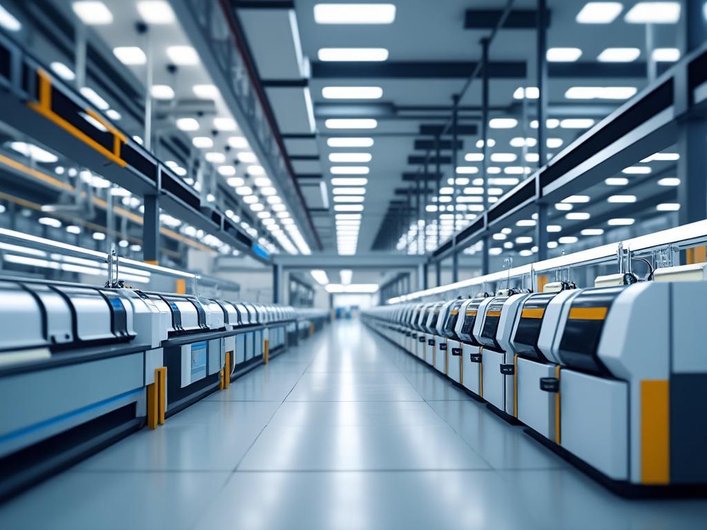 Interior moderno de fábrica con maquinaria avanzada y sistema de iluminación fluorescente en techo