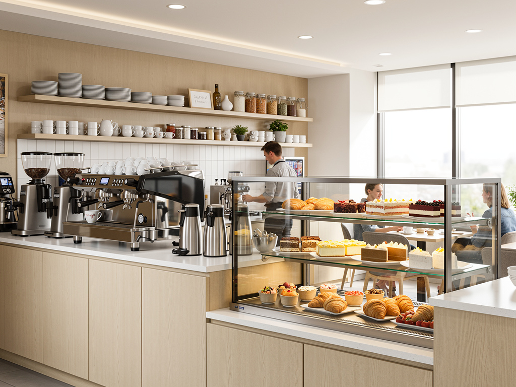 Cafetería moderna con máquina de espresso, vitrinas de pasteles y croissants, estantes con tazas y ambiente luminoso Cafetería moderna con máquina de espresso, vitrinas de pasteles y croissants, estantes con tazas y ambiente luminoso