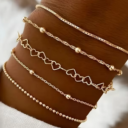 5 Pcs Set Of Tiny Golden Chain Design Bracelet Zinc Alloy Jewelry Elegant Leisure Style For Women Daily Stackable Hand Chain