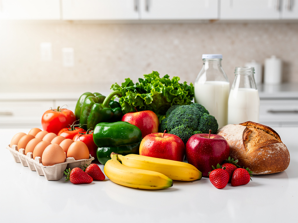 Alimentos frescos y saludables en cocina: frutas, verduras, huevos, leche y pan integral