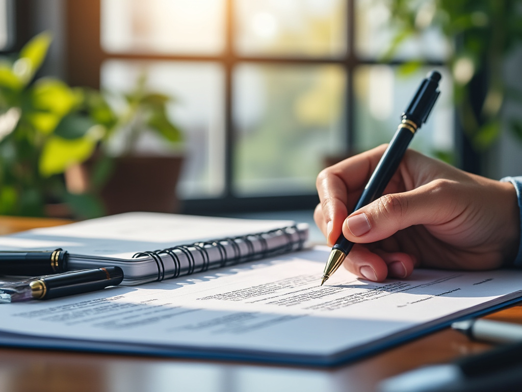 Persona escribiendo en un documento en un escritorio iluminado con luz natural, rodeado de plantas y un cuaderno.