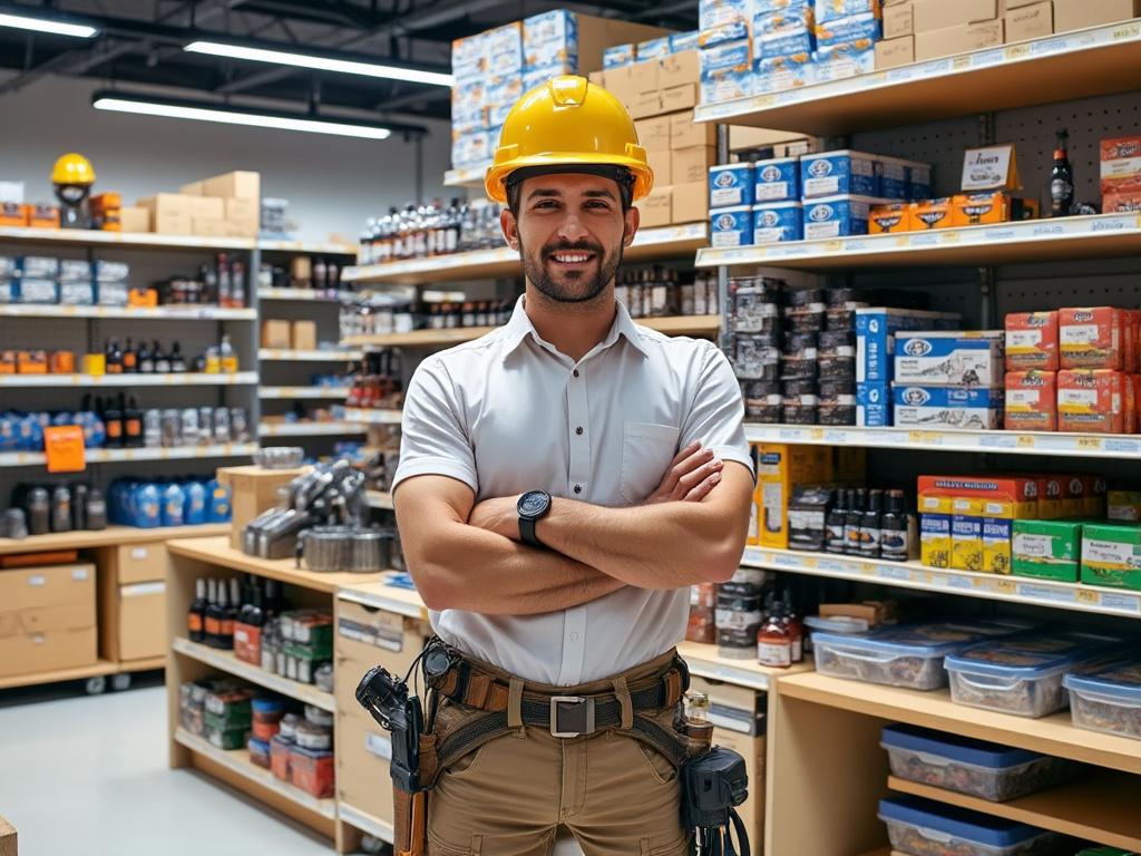 Hombre con casco de construcción y herramientas sonriendo en tienda de materiales de construcción.