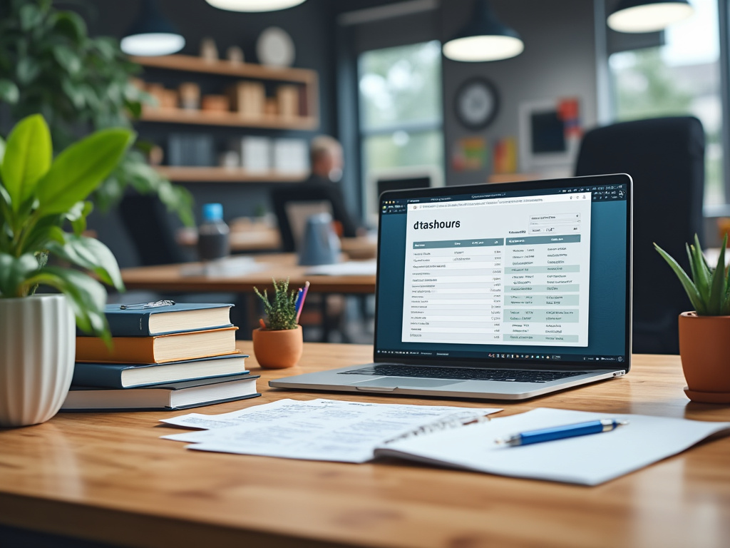 Oficina moderna con laptop abierta en un escritorio de madera, rodeada de plantas, libros y documentos.