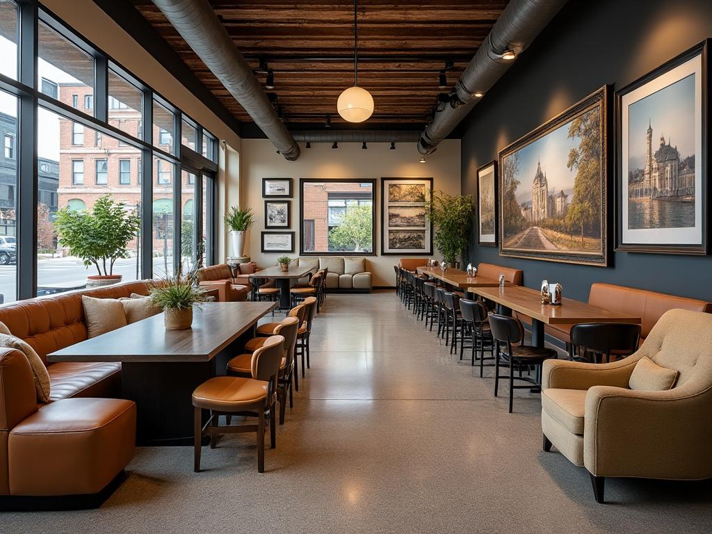 Modern cafe interior with wooden tables, leather seating, framed artwork, large windows, and greenery.