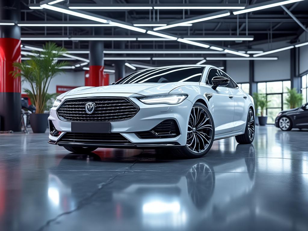 Coche deportivo blanco en un moderno concesionario con iluminación LED y plantas decorativas.