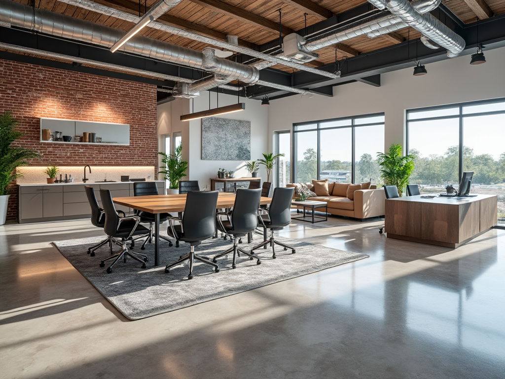 Modern open-plan office space with wooden ceiling, exposed ductwork, a conference table, swivel chairs, and large windows overlooking greenery.